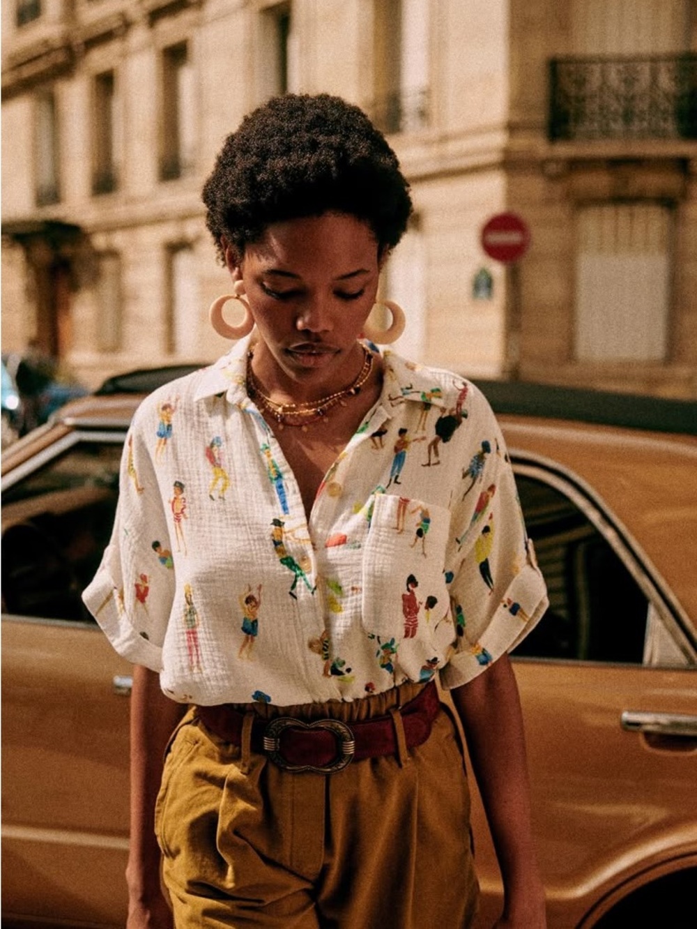 Sezane White Button-Down Shirt with Multicolor Figurine Print
